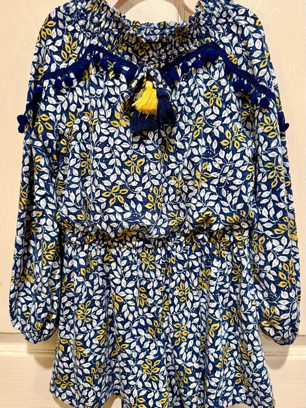 Truly Me Navy, White & Yellow Leaf Print One-Piece Romper